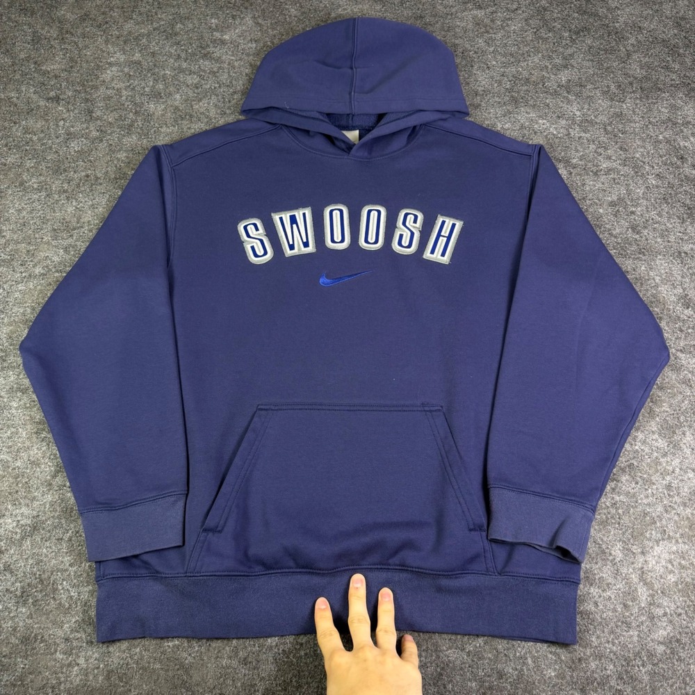 Nike Swoosh Pullover Hoodie Navy Blue Embroidered Logo Mens XL Vintage Style - Picture 2 of 7